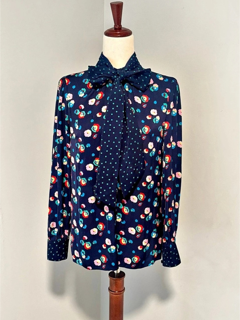 Boden Navy Floral & Polka Dot Silk Blouse with Removable Bow Neck Tie, Size 4